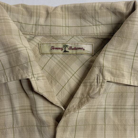 Tommy Bahama Medium Beige Silk Plaid Pattern Short Sleeve Button Down Shirt Men - Picture 6 of 15